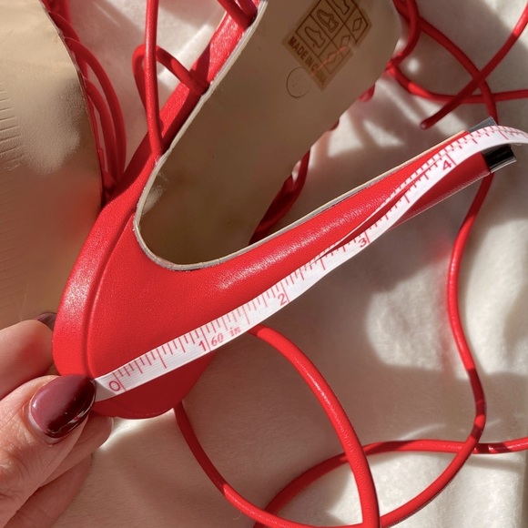 Red Strappy Square Toe Lace-Up Women's Heels - Picture 7 of 11